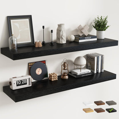 72 Inch Long Floating Shelves for Wall Set of 2, 12"D Wood Grain Bathroom Shelves with Invisible Brackets, Easy Install Engineered Wood Storage Shelves for Kitchen, Living Room, Bedroom, Black Finish