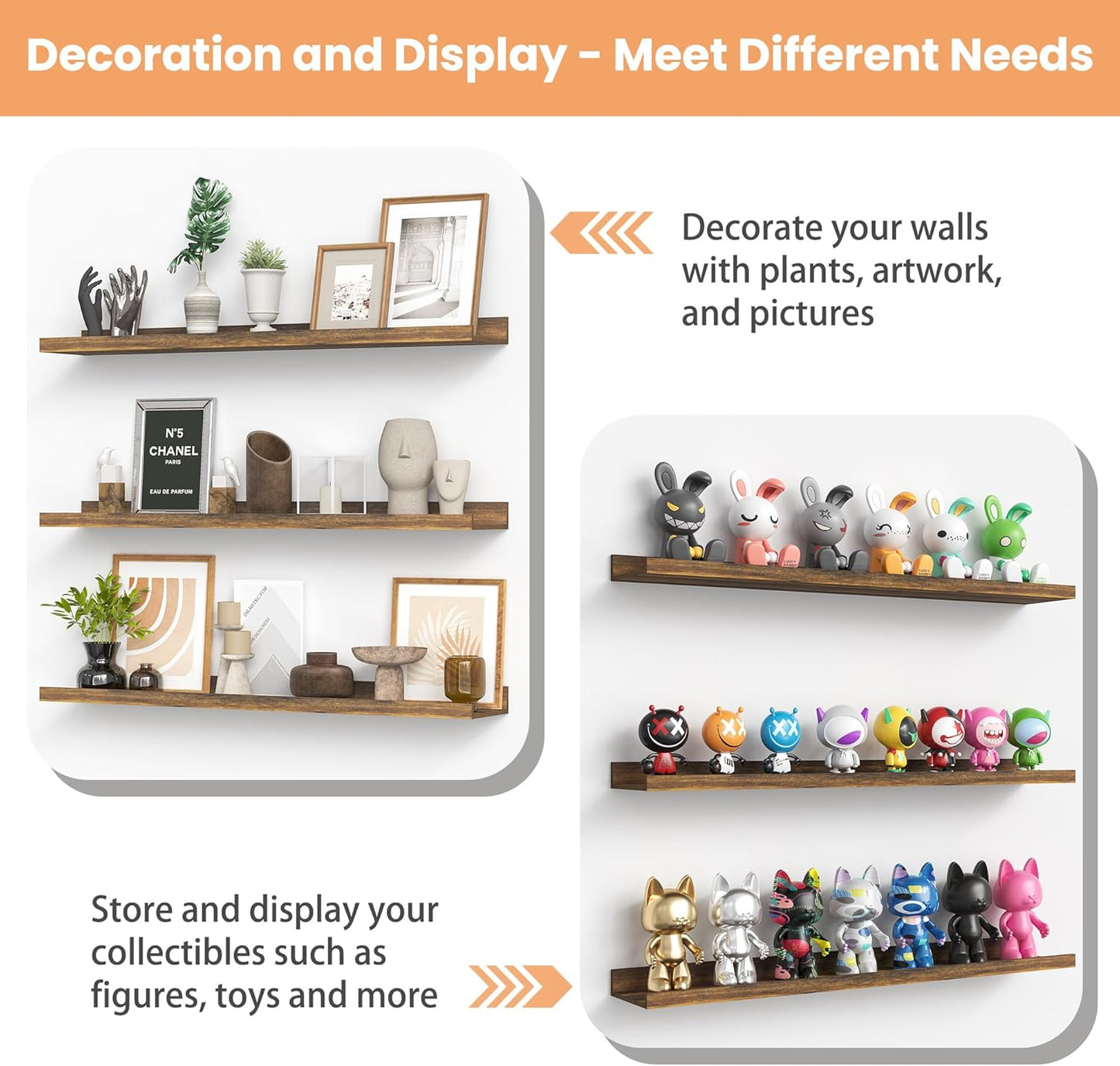 upsimples 6 Pack Wooden Floating Shelves, Wall Storage Decor Shelf for Bathroom, Bedroom, Living Room, Kitchen, Office and Laundry Room, Wall Mounted Display Hanging Shelf, Brown