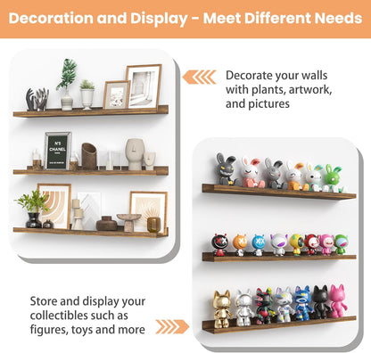 upsimples 6 Pack Wooden Floating Shelves, Wall Storage Decor Shelf for Bathroom, Bedroom, Living Room, Kitchen, Office and Laundry Room, Wall Mounted Display Hanging Shelf, Brown
