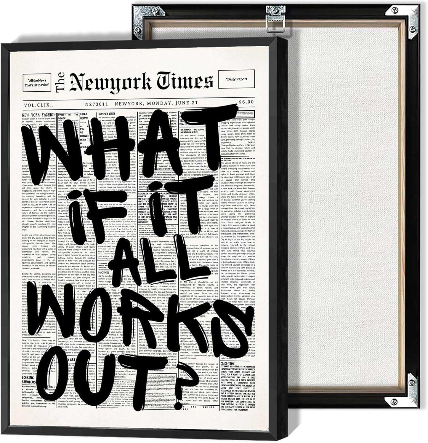 Retro Black And White Newspaper Poster What If It All Works Out Canvas Wall Art Positive Affirming Quote Minimalist Prints Painting For Home Bedroom Dorm Wall Decor 12x16in Unframed