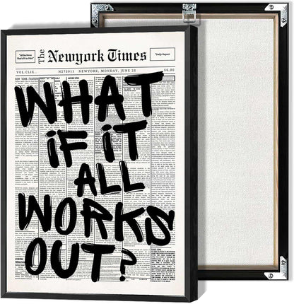 Retro Black And White Newspaper Poster What If It All Works Out Canvas Wall Art Positive Affirming Quote Minimalist Prints Painting For Home Bedroom Dorm Wall Decor 12x16in Unframed