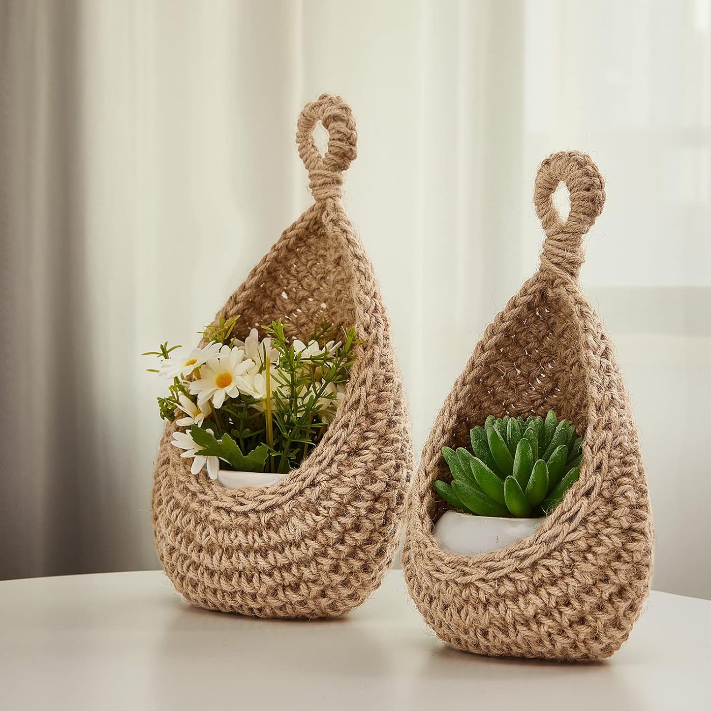 Honeydak Boho Decor Hanging Wall Baskets for Kitchen 3 Pack Teardrop Baskets with Hooks Storage Fruit Onion Vegetable Potato for Home 3 Sizes(Linen,Teardrop,Jute)