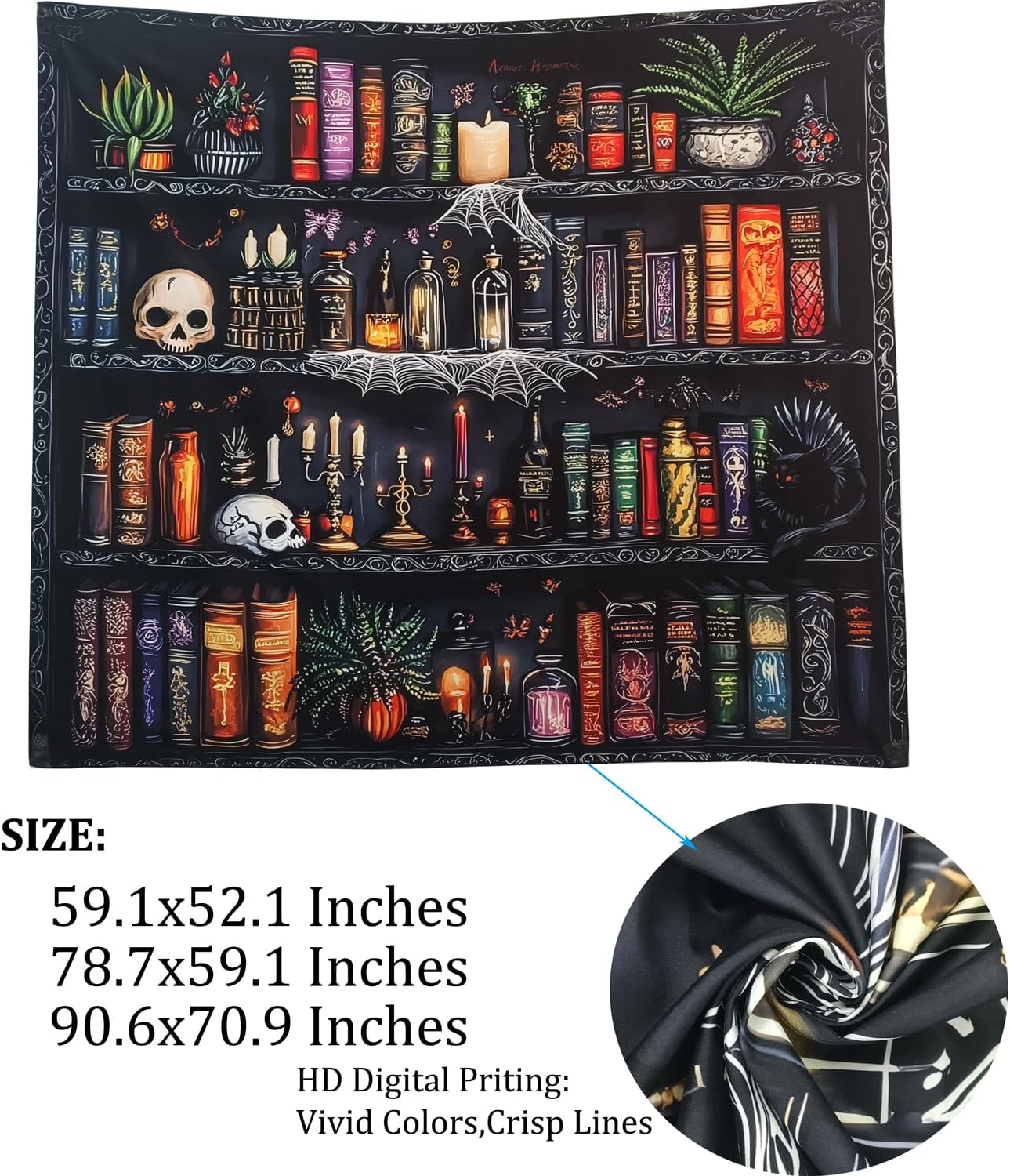 Algasan Magic Bookshelf Tapestry Magical Book Tapestry Gothic Witchy Vintage Library Skull Potion Black Cat Candle Botanical Backdrop for Bedroom Living Room Dorm 59.1 x 51.2 Inches