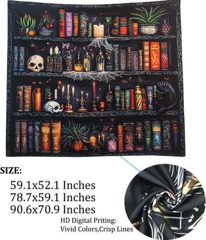 Algasan Magic Bookshelf Tapestry Magical Book Tapestry Gothic Witchy Vintage Library Skull Potion Black Cat Candle Botanical Backdrop for Bedroom Living Room Dorm 59.1 x 51.2 Inches