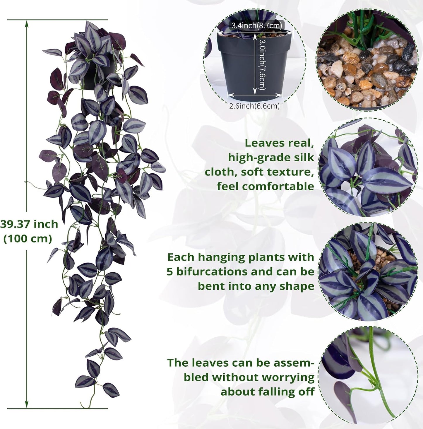 LOYWREE Fake Plants Indoor Artificial String of Pearls Plant in Black Pots, Realistic Green Faux Succulent Hanging Plants for Shelf Decor Desk Home Garden Decorations