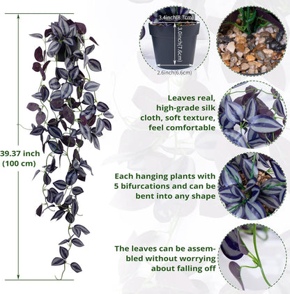 LOYWREE Fake Plants Indoor Artificial String of Pearls Plant in Black Pots, Realistic Green Faux Succulent Hanging Plants for Shelf Decor Desk Home Garden Decorations