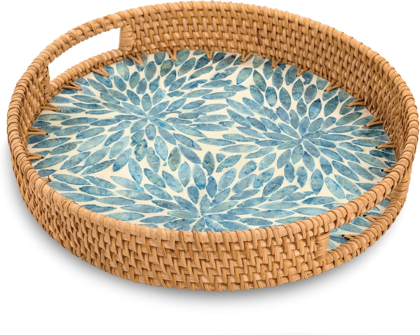 KOLWOVEN Round Rattan Tray with Handle, Rattan Serving Tray with Mother of Pearl Inlay Wooden Base, Decorative Wicker Basket for Table Decor (Blue Leaves)