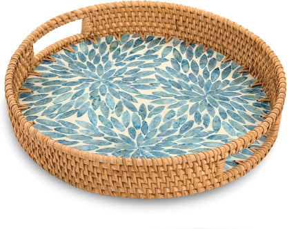 KOLWOVEN Round Rattan Tray with Handle, Rattan Serving Tray with Mother of Pearl Inlay Wooden Base, Decorative Wicker Basket for Table Decor (Blue Leaves)