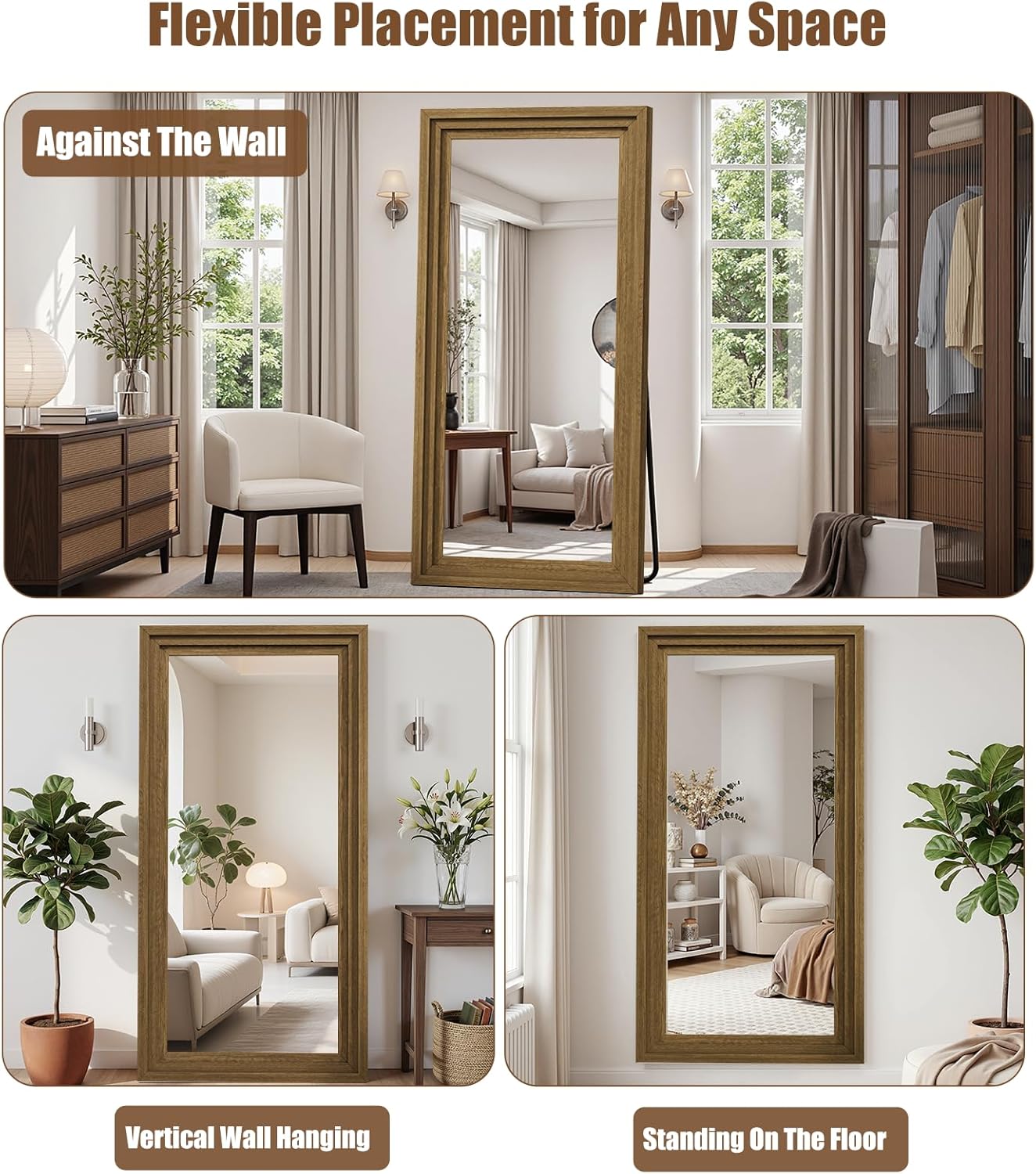 Full Length Mirror 71"x30", Large Solid Wood Frame Floor Mirror, Leaning Floor Mirror, Stable Frame, Shatterproof Glass, Modern Classic Style for Bedroom, Living Room, Entryway