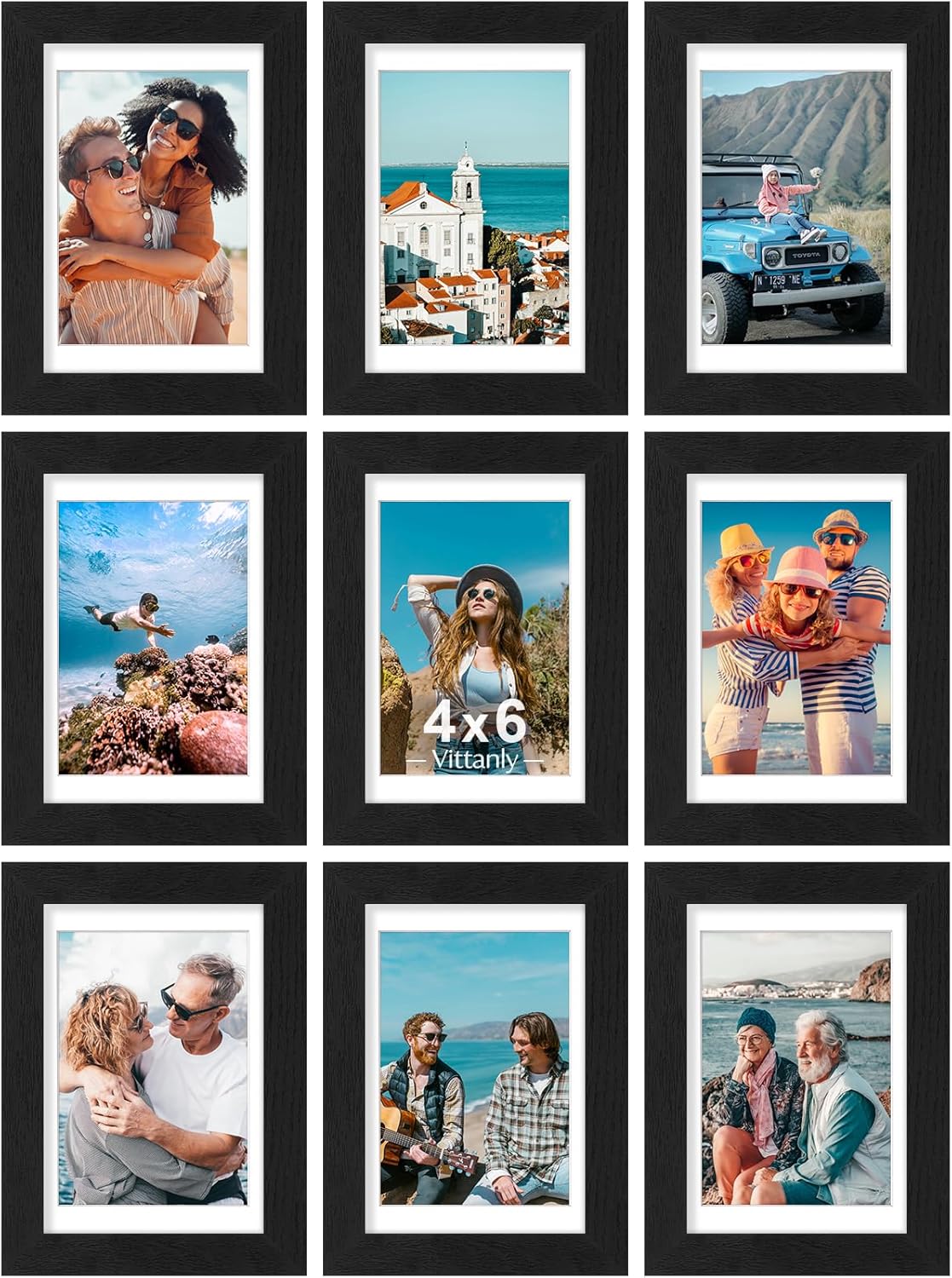 Vittanly 8x10 Picture Frames Set of 9, Shatter Resistant Plexiglass, Display 5x7 Pictures with Mat or 8x10 without Mat, Photo Frames for Wall or Tabletop, Engineered Wood, Black - Colors A