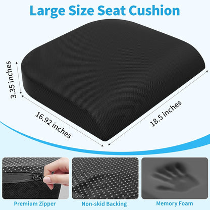 TranquilRelax Large Seat Cushion, Memory Foam Cushion for Long Sitting Hours on Office Chair, Car Seat, Non-Slip Chair Pad for Sciatica, Coccyx, Tailbone Pain Relief & Post-Surgery Recovery (Black)