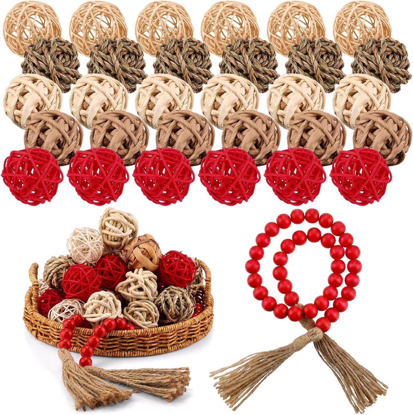 Halloscume 31 Pcs Wicker Rattan Decorative Balls with 30.3 Inch Wood Bead Garland Centerpiece Bowls Orbs Vase Fillers Wall Hanging Decor for Summer Home Farmhouse Wedding Party(Black)