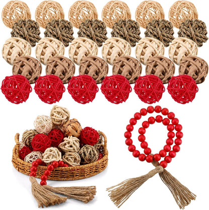Halloscume 31 Pcs Wicker Rattan Decorative Balls with 30.3 Inch Wood Bead Garland Centerpiece Bowls Orbs Vase Fillers Wall Hanging Decor for Summer Home Farmhouse Wedding Party(Black)