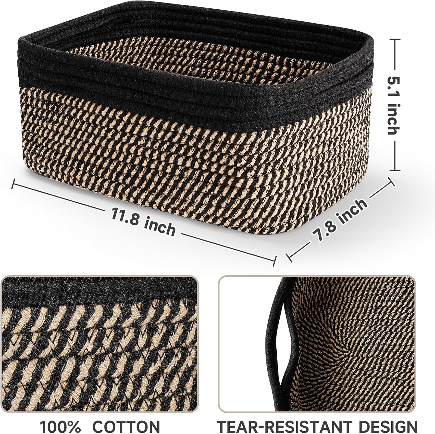 3-Pack Small Storage Baskets for Organizing | Woven Shelf Toy Basket | Rope Baskets for Gifts Empty | Closet Organizer Bins with Handles | Cube Decorative Box | 11.8×7.8×5.1” | Mixed brown