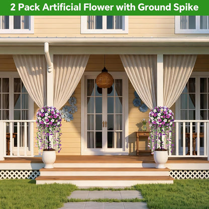 Artificial Lavender Topiary Ball Trees, 2 Set of UV Resistant Fake Evergreen Shrubs Bushes Plants with Ground Spike, Fake Plants for Outdoor Indoor Front Porch Garden