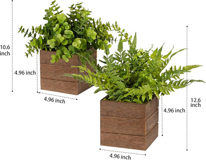 Vlorart Small Fake Plants, 2Pack Mini Potted Artificial Plastic Boxwood Fern Green Decorative Plant in Wooden Potted, Fake Desk Plant for Farmhouse Home Decor Office Bathroom Desk Room Indoor Outdoor
