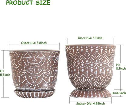 Gepege 6 Inch Beaded Ceramic Planter Set of 2 with Drainage Hole and Saucer for Plants, Indoor-Outdoor Large Round Succulent Orchid Flower Pot (Smoked Gray, Inner-pots not Larger Than 5 Inch)