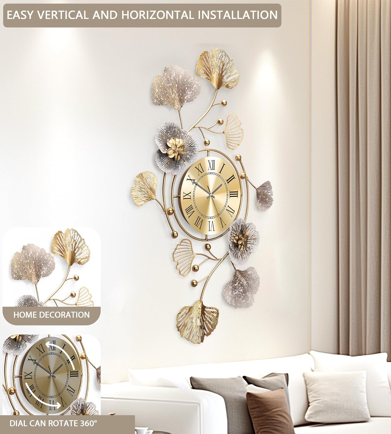 Clocks for Living Room, Large Wall Clock, 3D Silent Wall Clock, Retro Metal Ginkgo Leaf Design, for Bedroom Kitchen Decorative Wall Clocks（32''x18'' ）