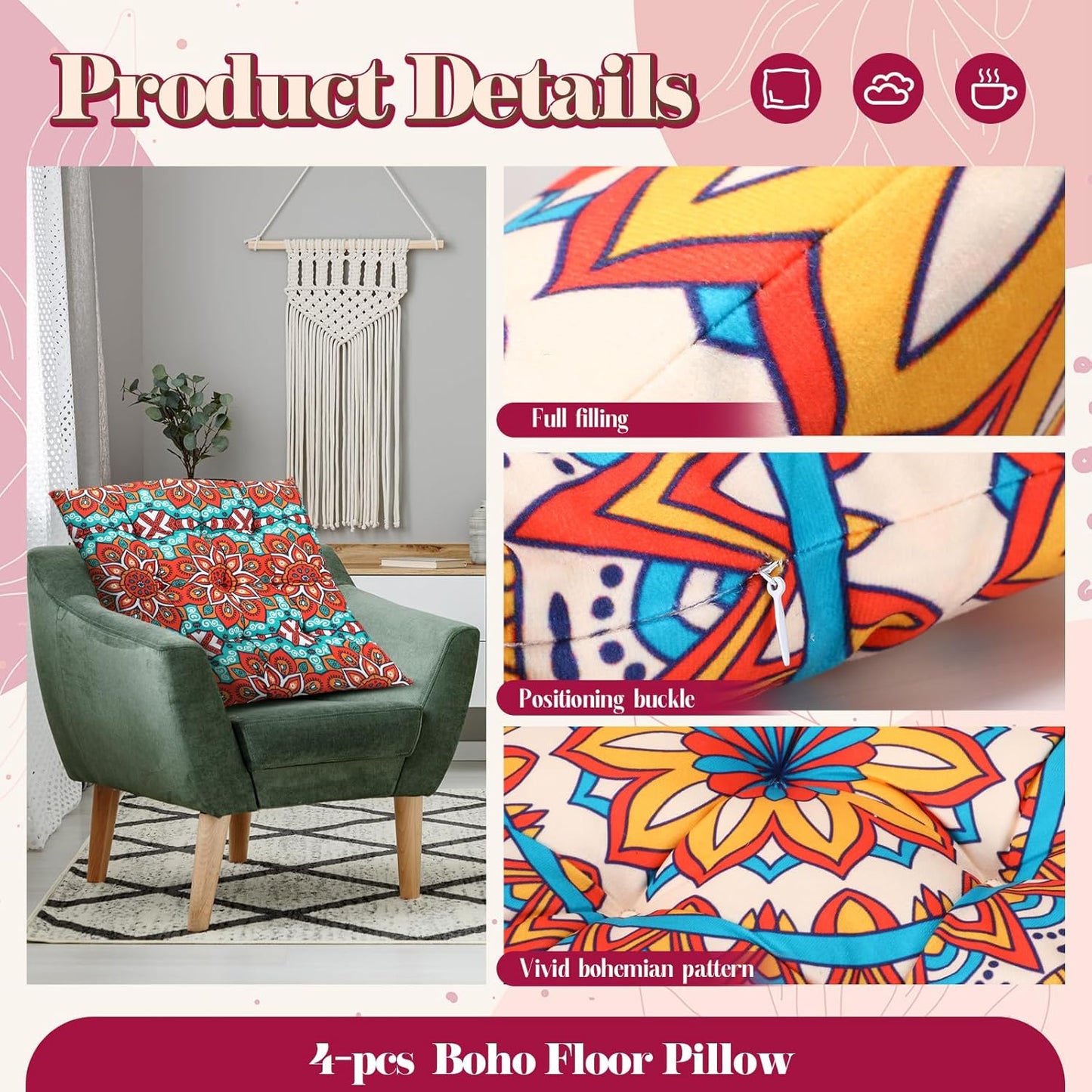 Nuogo 4 Pack Large 22 Inch Bohemian Floor Pillows Square Boho Floor Cushions Seating Pillows for Soft Yoga Meditation Pillow Mandala Pouf for Living Room Tatami Reading Nook(Exquisite)