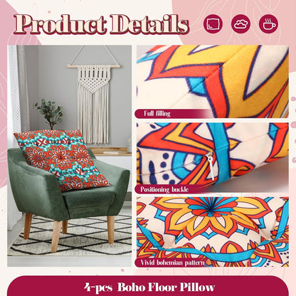 Nuogo 4 Pack Large 22 Inch Bohemian Floor Pillows Square Boho Floor Cushions Seating Pillows for Soft Yoga Meditation Pillow Mandala Pouf for Living Room Tatami Reading Nook(Exquisite)