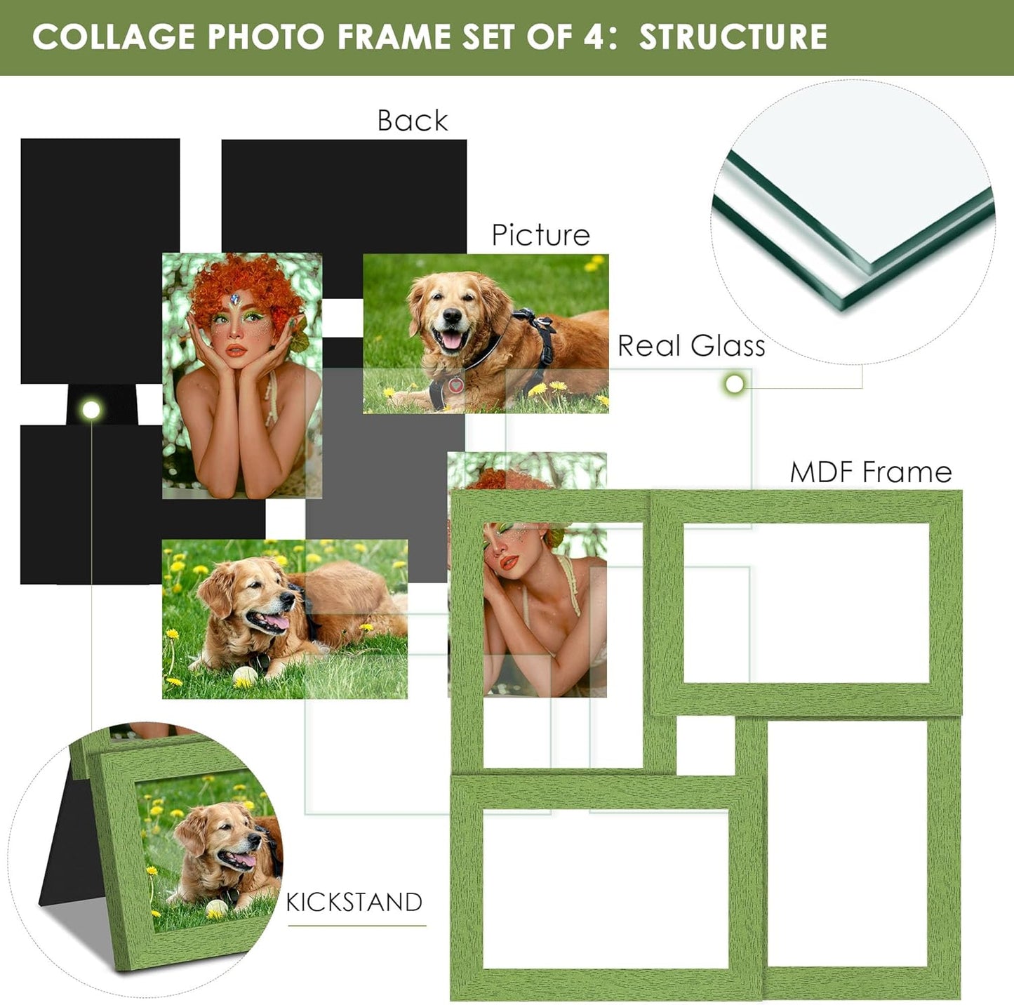 DUENPY 4x6 Collage Picture Frame Tempered Glass Front, Displays Four 4x6 Photo, Family Photo Collage Frame, Wall Decor Wall Hanging or Tabletop, Brown