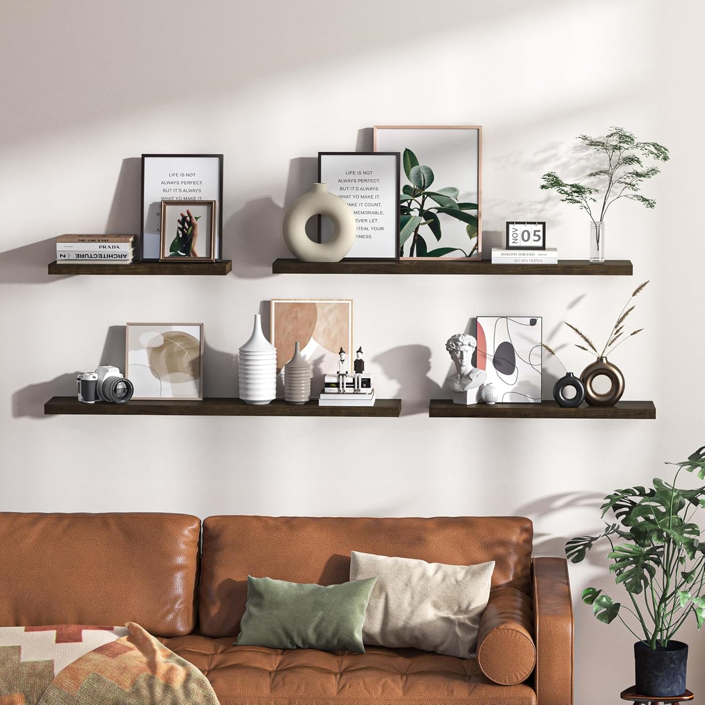 Floating Shelves 36 Inches Long - 8 Inch Deep Rustic Premium Solid Pine Wood for Storage - Farmhouse Wall Mounted for Living Room - Heavy-Duty Metal Bracket - 36" W x 8" D - Set of 2 - White Color