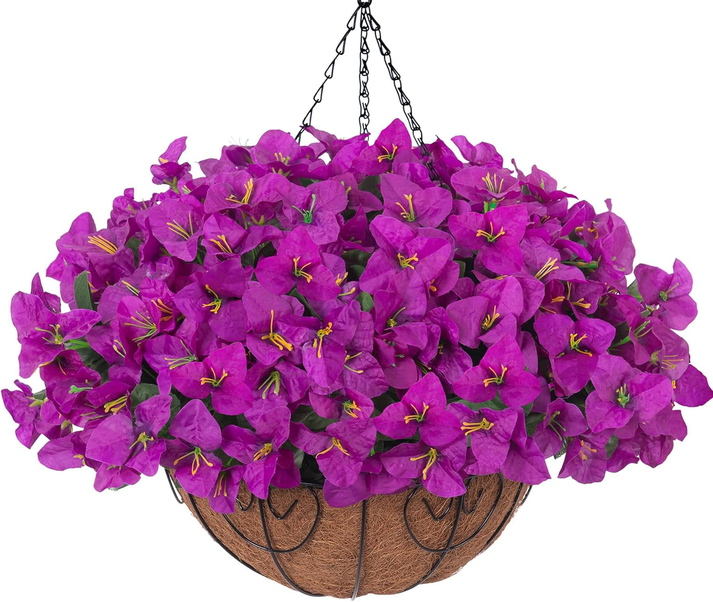 Artificial Hanging Flowers Faux Plants Basket for Outdoors Spring Summer Decor, Fake Silk Bougainvillea in Planter Outdoor Look Real UV Resistant Faux Flower for Outside Porch Patio Garden Home, White