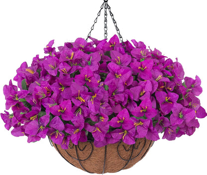Artificial Hanging Flowers Faux Plants Basket for Outdoors Spring Summer Decor, Fake Silk Bougainvillea in Planter Outdoor Look Real UV Resistant Faux Flower for Outside Porch Patio Garden Home, White