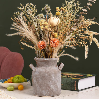 Quoowiit Ceramic Rustic Farmhouse Vase, Distressed Decorative Flower Vases for Home Decor, Ideal Shelf Decor, Green Boho Vase for Living Room Bedroom Kitchen Office Centerpiece Table Decorations