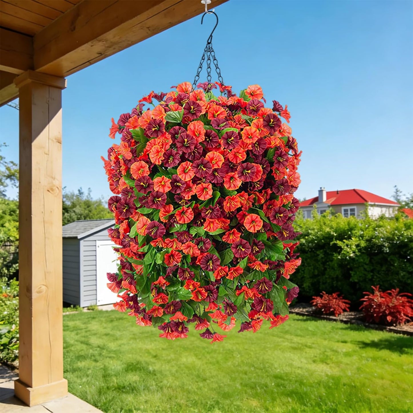 INXUGAO Artificial Flowers with Hanging Basket, Outdoor Faux Plants Silk Morning Glory Vines, Fake Green Arrangement for Garden Patio Spring Summer Decor(4pcs,Darkorchid)