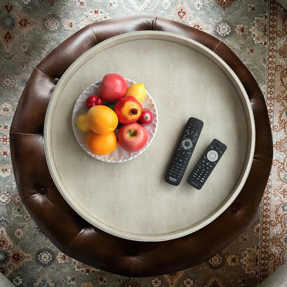 HofferRuffer Round Serving Tray 20'', Elegant Faux Leather Circle Ottoman Table Tray, Serve Tea Coffee Breakfast in Bedroom Living Room Kitchen (Brown)
