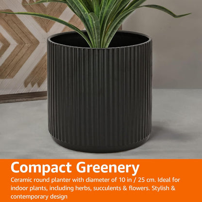 Amazon Basics Fluted Ceramic Round Planter with Drainage Hole, Indoor Outdoor Flower Pot, 10-inch, White