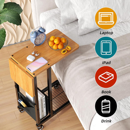 Simple Trending C Shaped End Table, TV Tray for Couch, Small Side Table with Metal Frame, for Living Room Bedroom, Rustic Brown