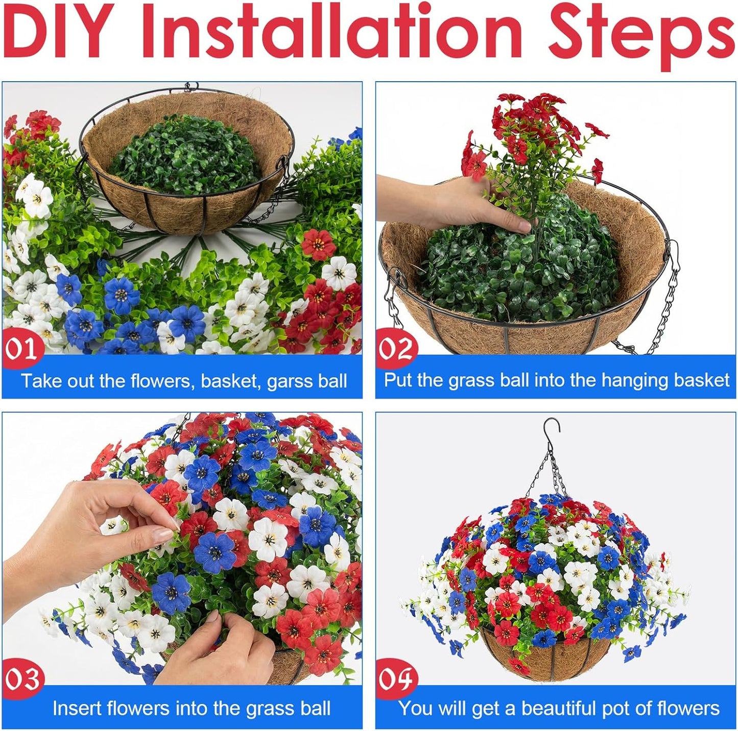Hananona 2 Set Artificial Outdoor Flowers with Hanging Basket, 2 Hanging Planters with 24 Pcs Flowers for Spring Summer Front Porch Garden Patio Home Decor (2, Red, Purple, Yellow, Rose Red)
