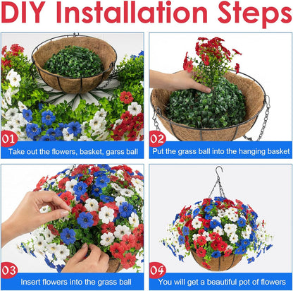 Hananona 2 Set Artificial Outdoor Flowers with Hanging Basket, 2 Hanging Planters with 24 Pcs Flowers for Spring Summer Front Porch Garden Patio Home Decor (2, Red, Purple, Yellow, Rose Red)