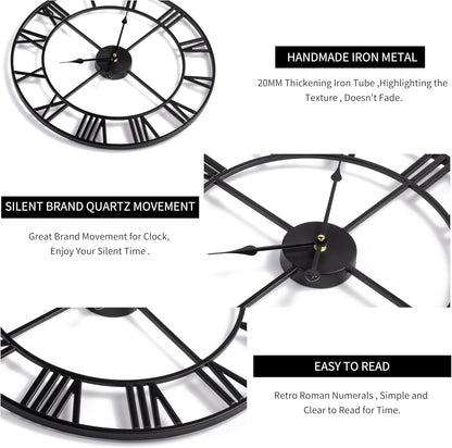 LEIKE 16" Large Wall Clocks Battery Operated, Round Modern Silent Non-Ticking Black Metal Wall Clock for Living Room Decor, Bedroom Kitchen (40cm Diameter, Black Roman Number)