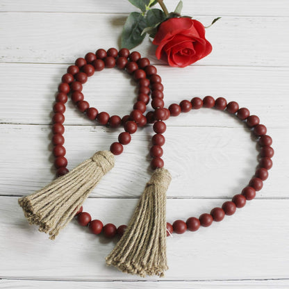 CVHOMEDECO. Wood Beads Garland with Tassels Farmhouse Rustic Wooden Prayer Bead String Wall Hanging Accent for Home Festival Decor. Mix Distressed