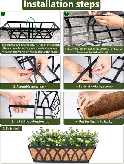 LCHUANG Deck Railing Planter Window Box - 3 Pack 24 Inch Deck Balcony Rail Planter with Coconut Coir Liner, Fence Metal Hanging Flower Planter Basket Deck Railing Planter Boxes for Outdoor Lawn