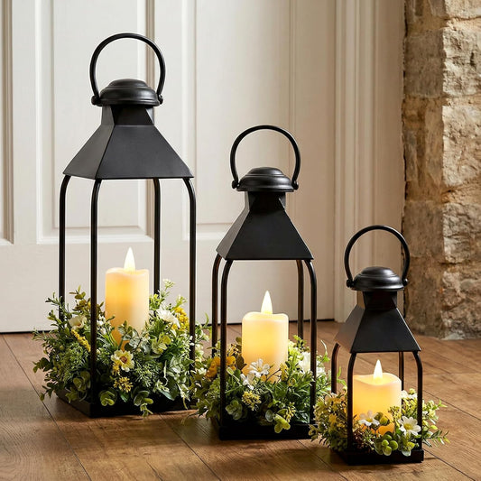 Decorative Metal Lanterns Indoor Outdoor, Set of 3 Farmhouse Lantern Holders Without Candles for Porch, Patio, Fireplace, Floor, Wedding & Holiday Table Centerpiece (Black, 20" 15.7" 12")
