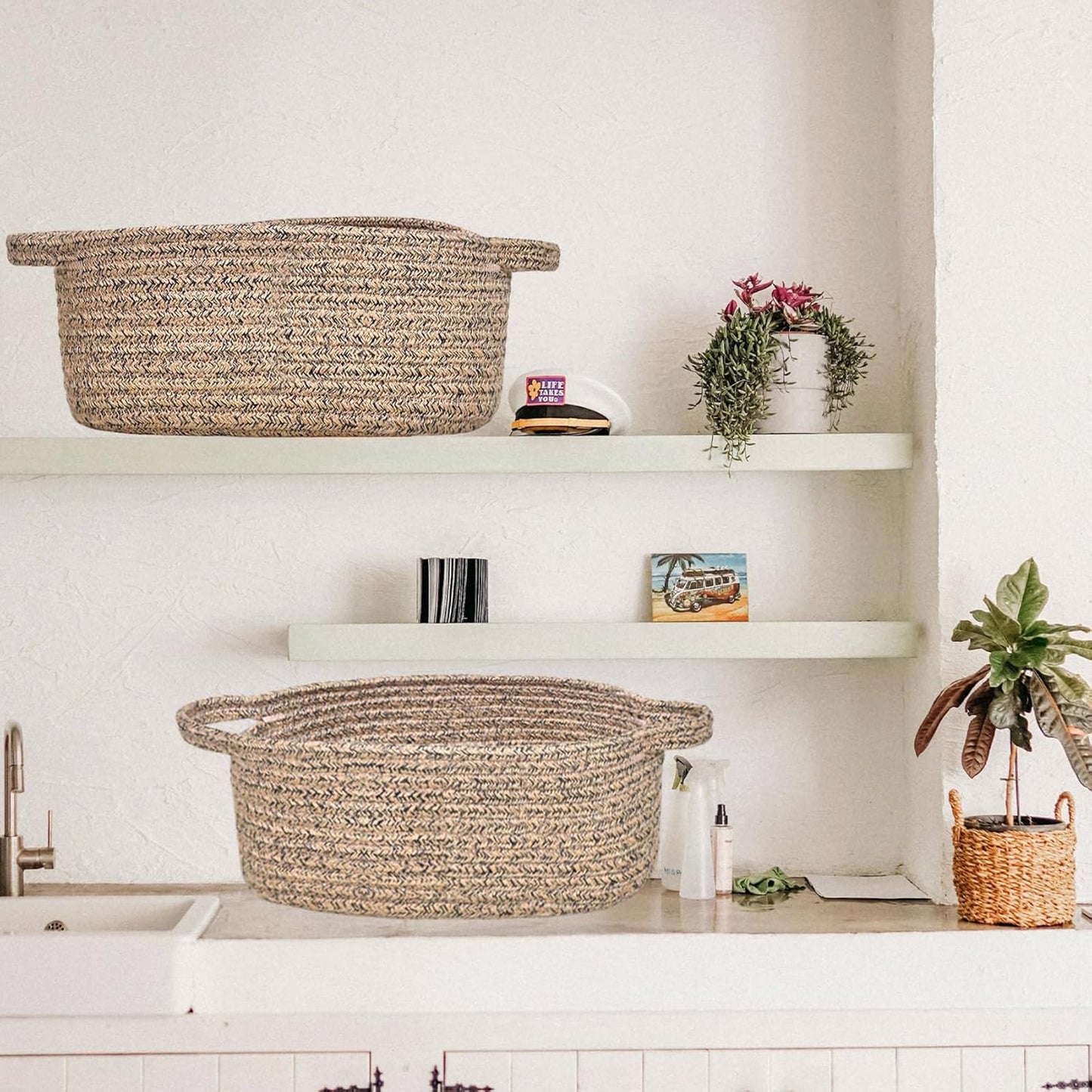 ABenkle Small Basket with Handles, Boho Decorative Rope Woven Dog Cat Toy Storage Bin Shelf Storage Organizer, Easter Christmas Gift Basket, 12"x8"x5", White