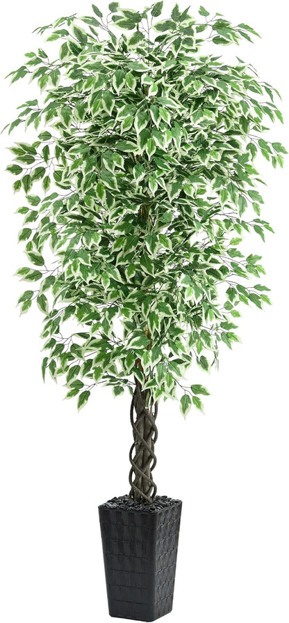 Artificial Ficus Tree 6FT Faux Plants Indoor Tall Fake Plants with White Planter, Green Lifelike Lush Fake Ficus Tree for Home Living Room Bedroom Outdoor Balcony House Office Decor
