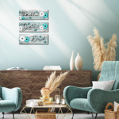 Geetery 3 Pcs Thankful Grateful Blessed Wooden Signs Rustic Daisy Wood Wall Decor Inspirational Wall Art Signs Rustic Wooden Hanging Decorations for Bedroom Kitchen Living Room Bathroom Home (Blue)