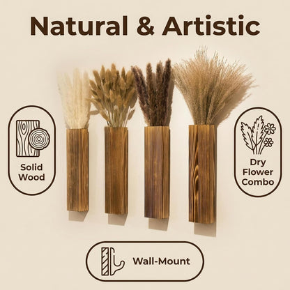 Wooden Wall Planter Set of 4 - Modern Home Decor for Living Room, Bedroom, Bathroom - Walnut Finish Planter for Dried Flowers, Faux Greenery, Indoor Plants