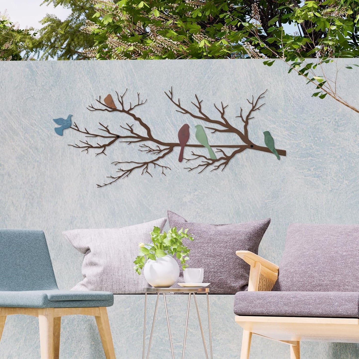 Metal Birds Wall Art, Metal Vivid Birds on Branch Silhouette Wall Decor Black Leaves with Bird Outdoor Hanging Wall Sculpture for Home Balcony Garden(Large)