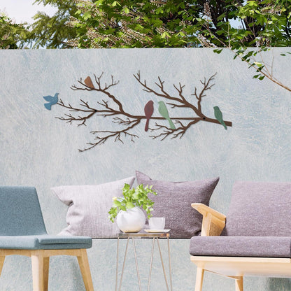 Metal Birds Wall Art, Metal Vivid Birds on Branch Silhouette Wall Decor Black Leaves with Bird Outdoor Hanging Wall Sculpture for Home Balcony Garden(Large)