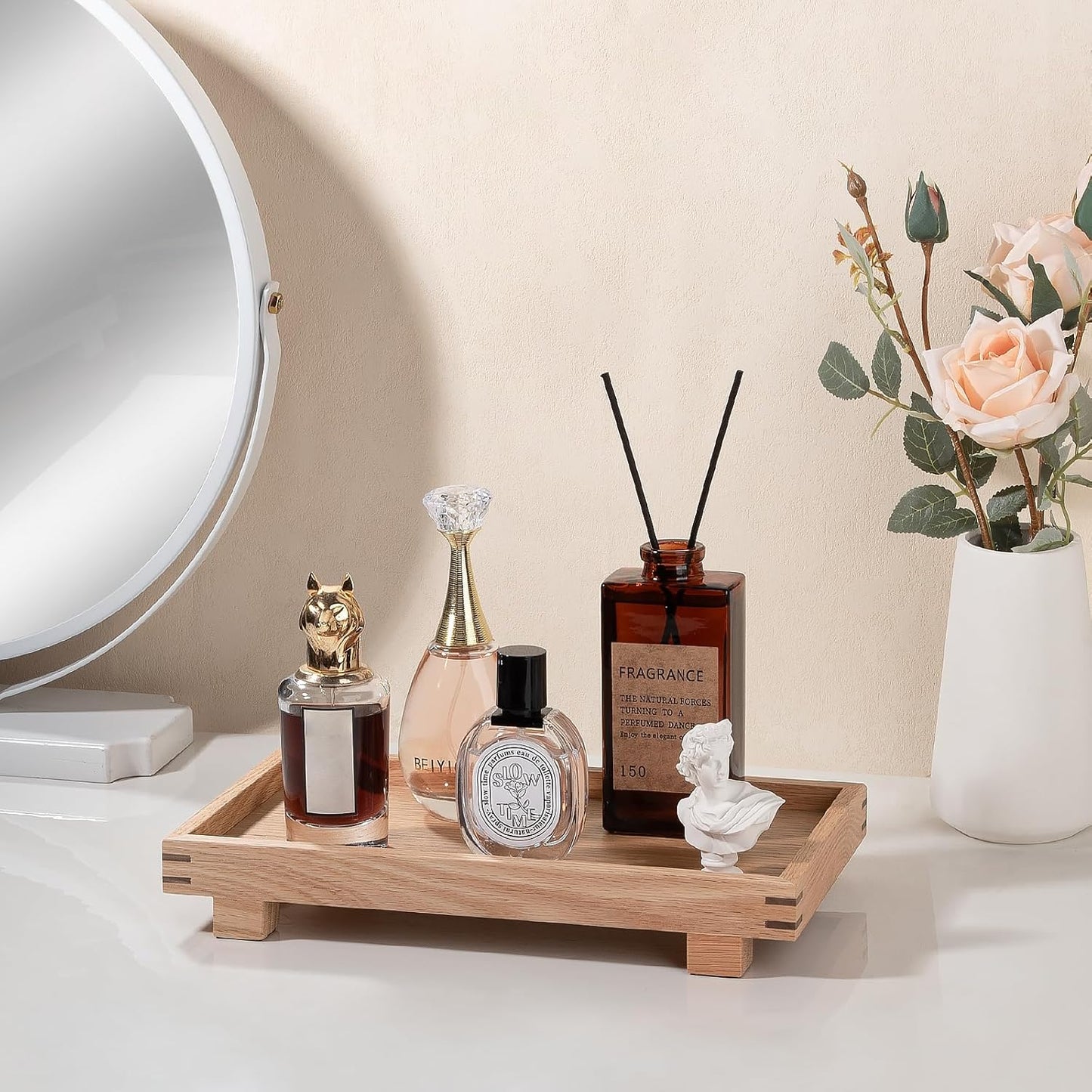 Decorative Tray Small Pedestal Stand Farmhouse Bathroom Decor Wooden Riser Display Stand for Vanity, Kitchen Countertop, Sink, 9.4 * 4.7 White