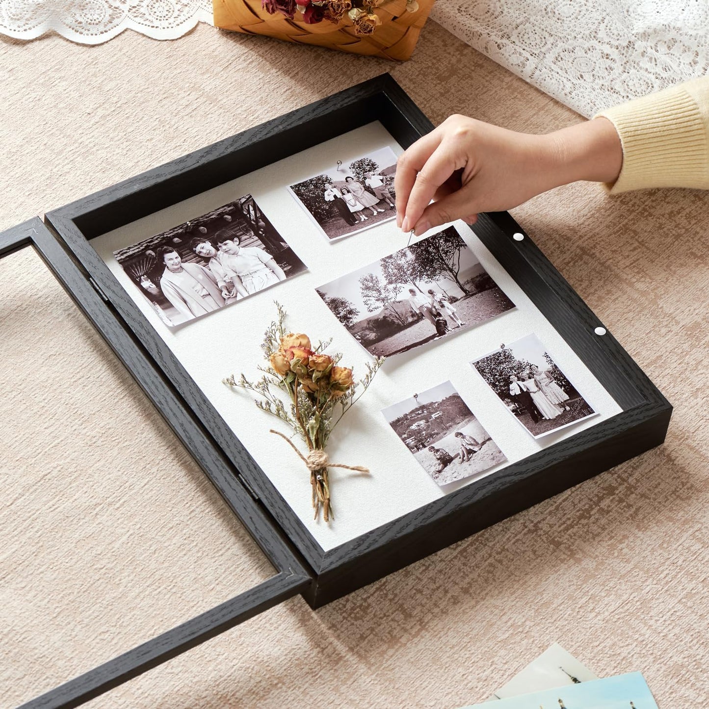 8x10 Deep Shadow Box Picture Frame Display Case with Linen Back and Stand,Real Glass Black Shadow Memory Box Frame 8x10 for Flower Baby Pet Wedding Photo Art Craft Memorial Wall Decor Gift