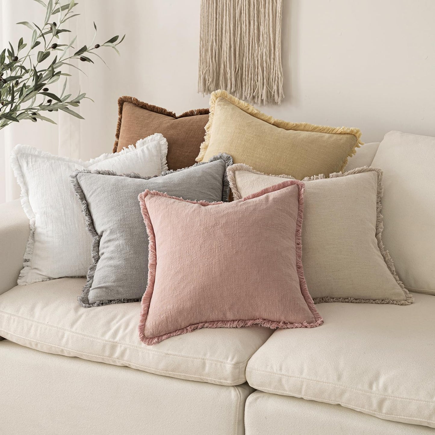 MIULEE Decorative Throw Pillow Covers Neutral Linen Fringe Throw Pillows Set of 2 Natural Beige Boho Farmhouse Cushion Covers with Tassels for Couch Sofa Bed Spring Home Decor 20x20 Inch