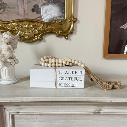 Decorative Books for Home Decor, White Faux Books for Decoration, Rustic Farmhouse Stacked Display Books with 52in Wood Bead Garland for Coffee Tables Living Room (TAKE TIME to DO)