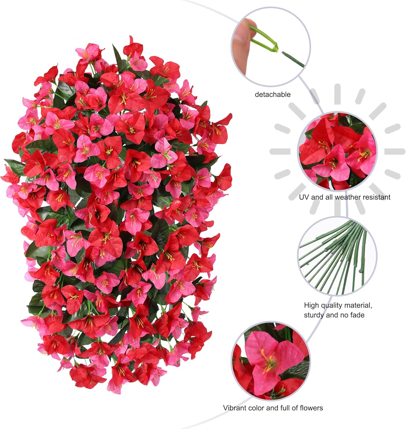 Faux Bougainvillea Artificial Flowers Plants for Outdoor Outside Decoration, 2 PCS Red Fake Flowers UV Resistant Look Real Silk Long Trailing Vines for Front Door Porch Planter Urn Patio Garden Yard